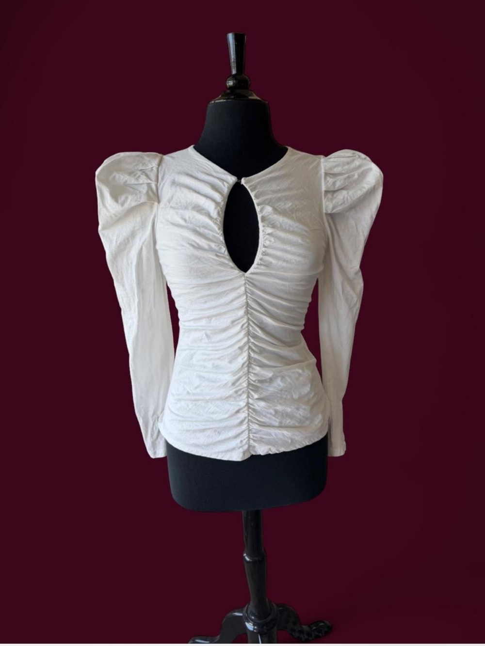 Vintage Y2K White Ruched Keyhole Puff Sleeve Feminine Party Sexy Fitted Top